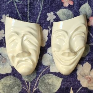 Ceramic Comedy and Tragedy Wall Mask Vases - Cream